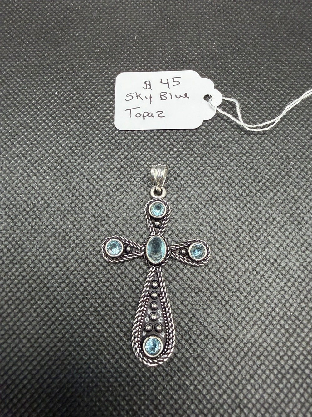Sterling Silver Cross Pendant with Sky Blue Topaz 2”